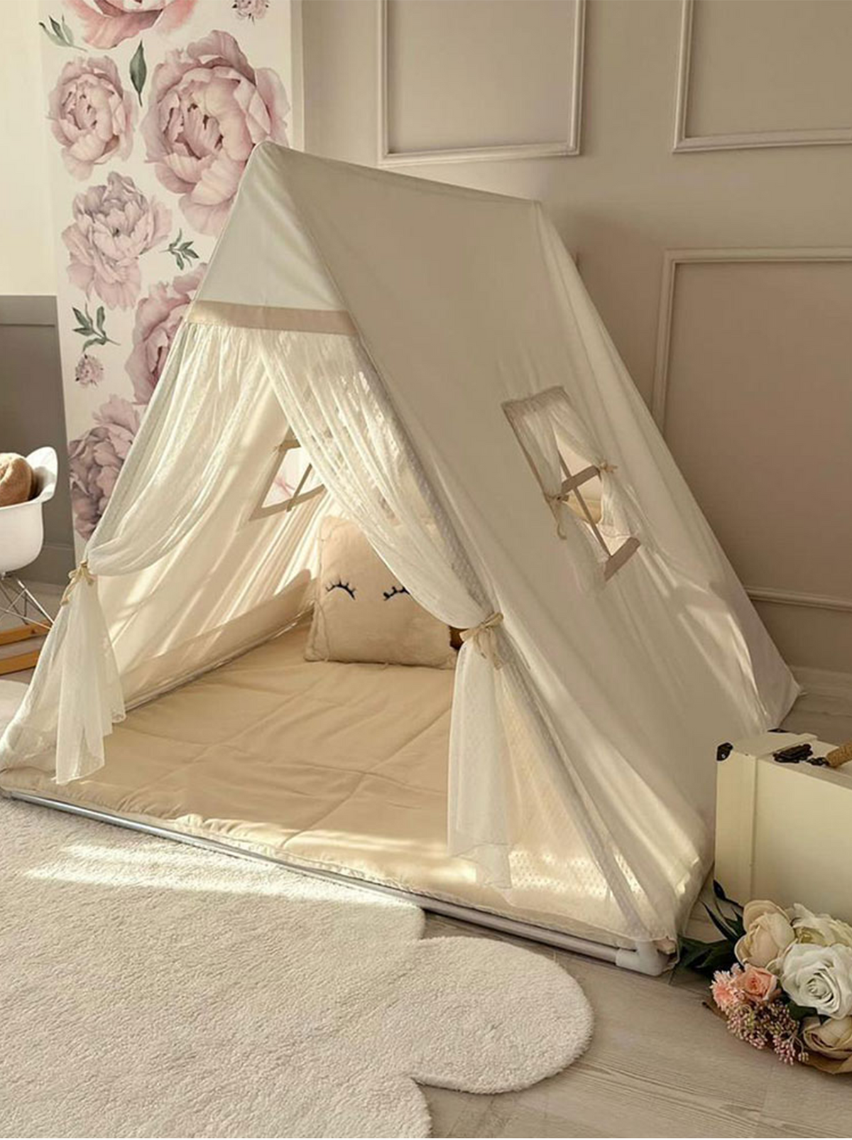 Camping Tent with White Tulle Curtains
