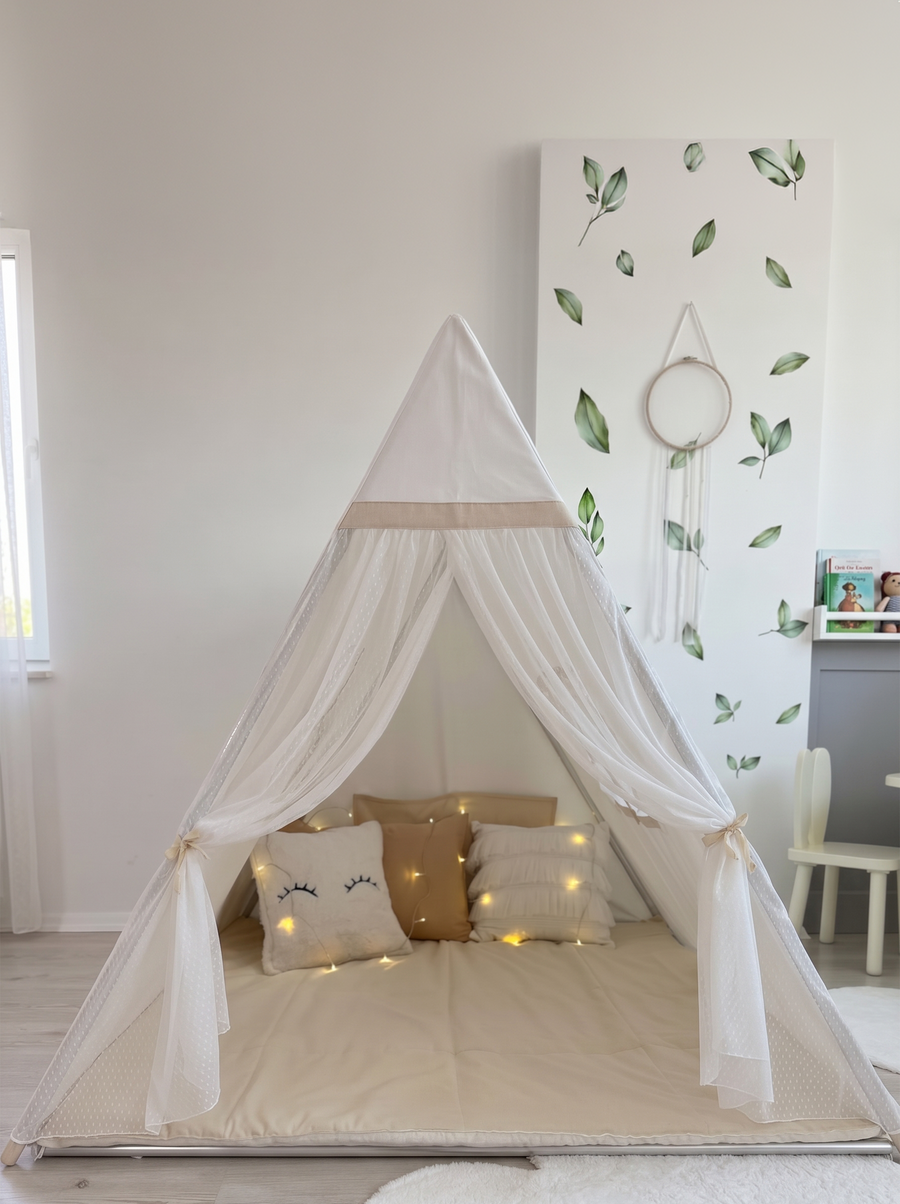 Camping Tent with White Tulle Curtains