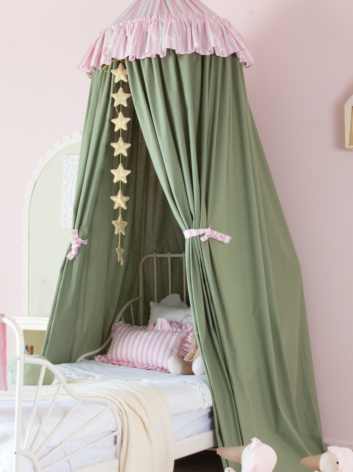 Sage Green Bed Canopy With Pink Striped