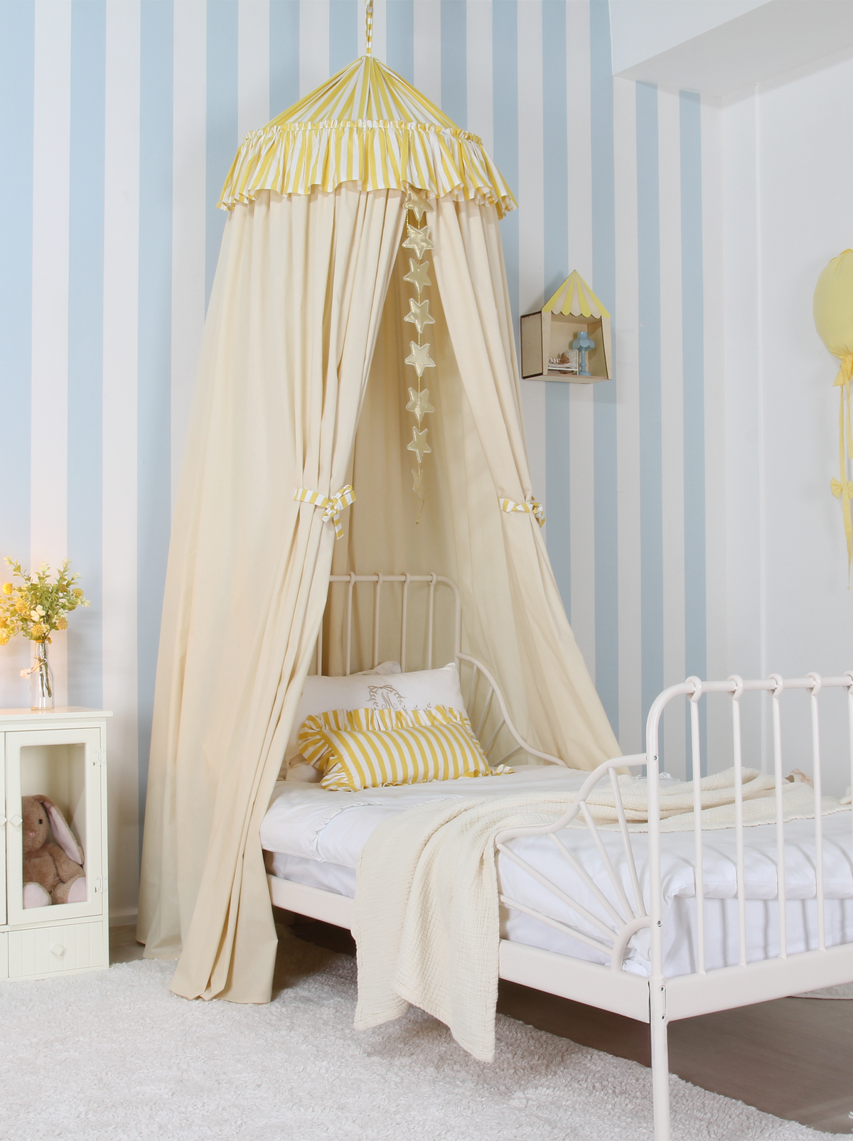 Cream Bed Canopy With Yellow Striped