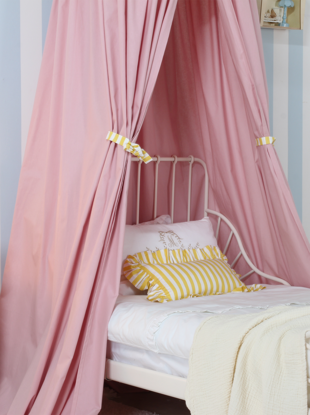 Blush Bed Canopy With Yellow Striped