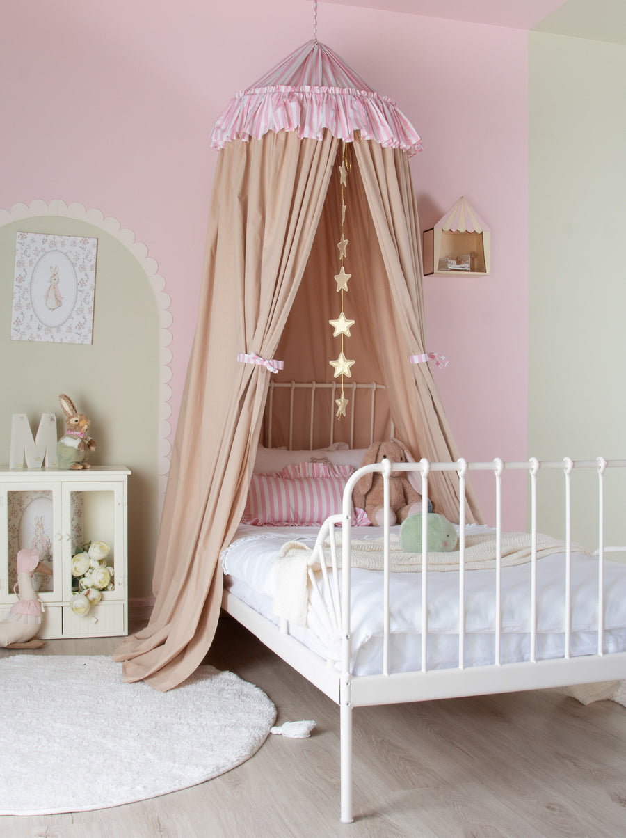 Beige Bed Canopy With Pink Striped