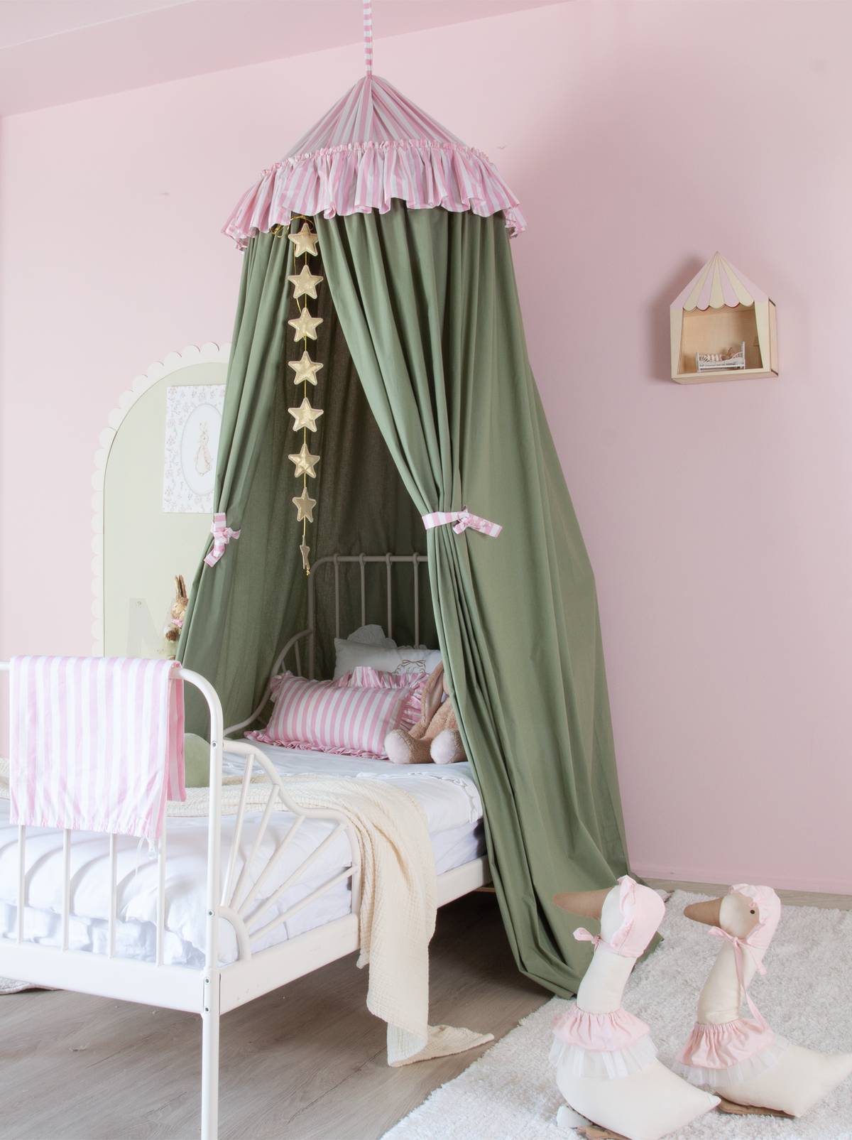 Sage Green Bed Canopy With Pink Striped