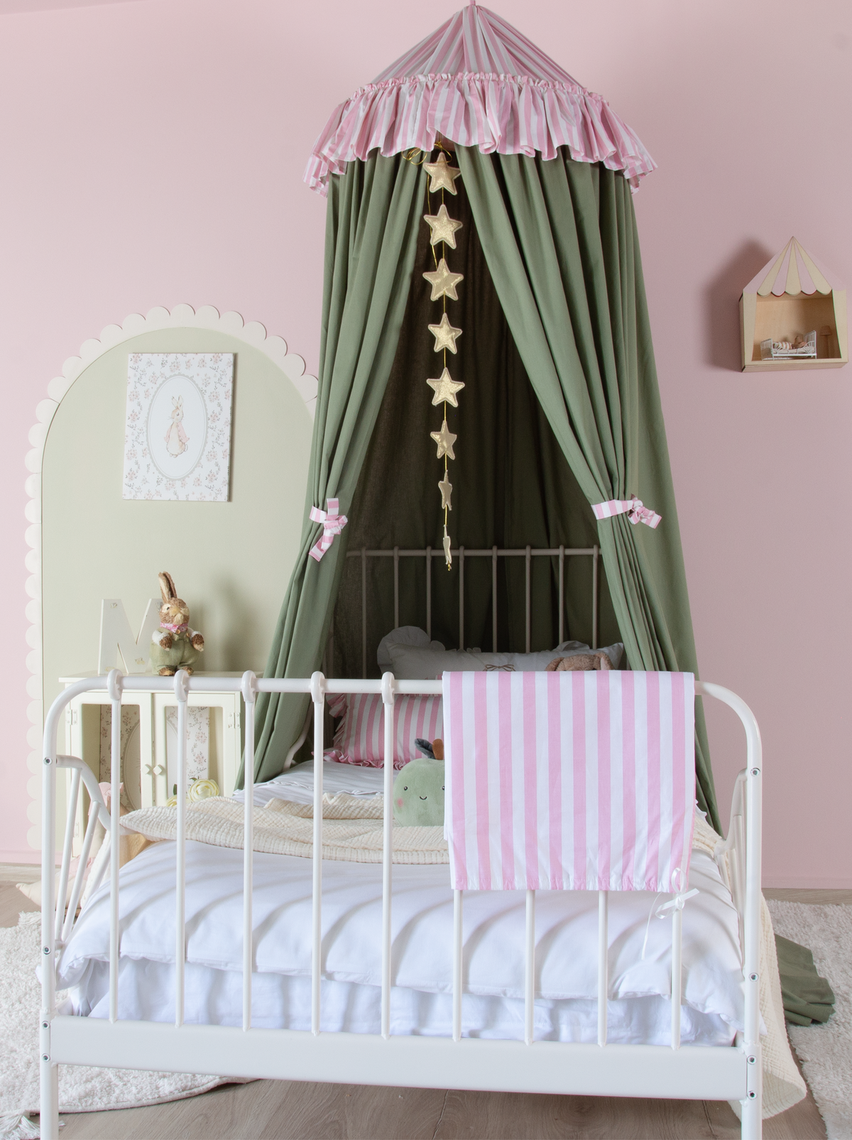 Sage Green Bed Canopy With Pink Striped