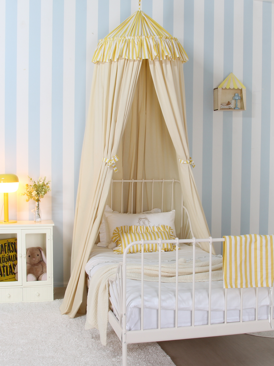 Cream Bed Canopy With Yellow Striped