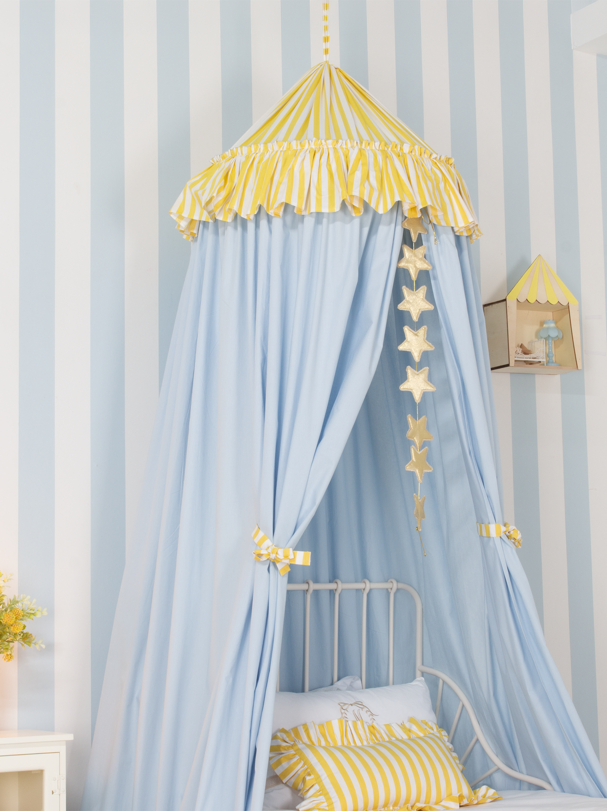 Blue Bed Canopy With Yellow Striped