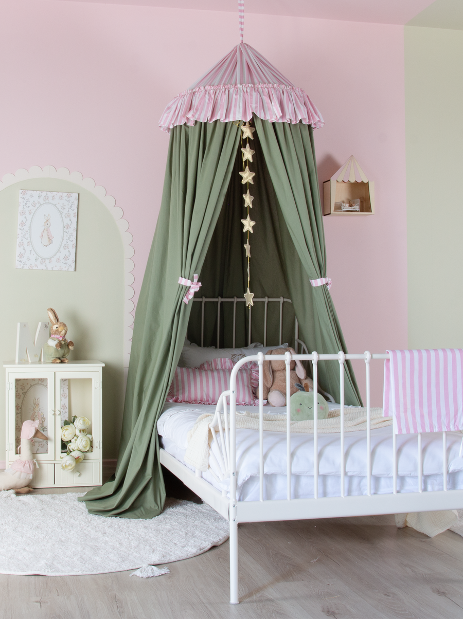 Sage Green Bed Canopy With Pink Striped