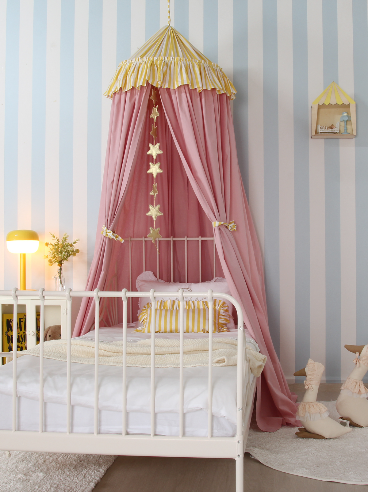Blush Bed Canopy With Yellow Striped