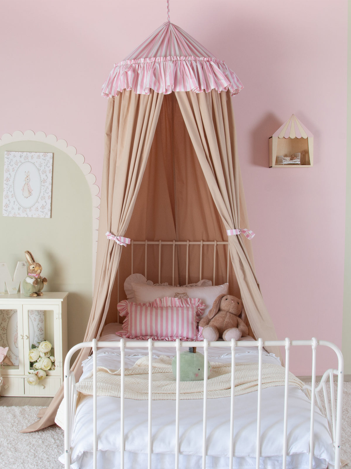 Beige Bed Canopy With Pink Striped