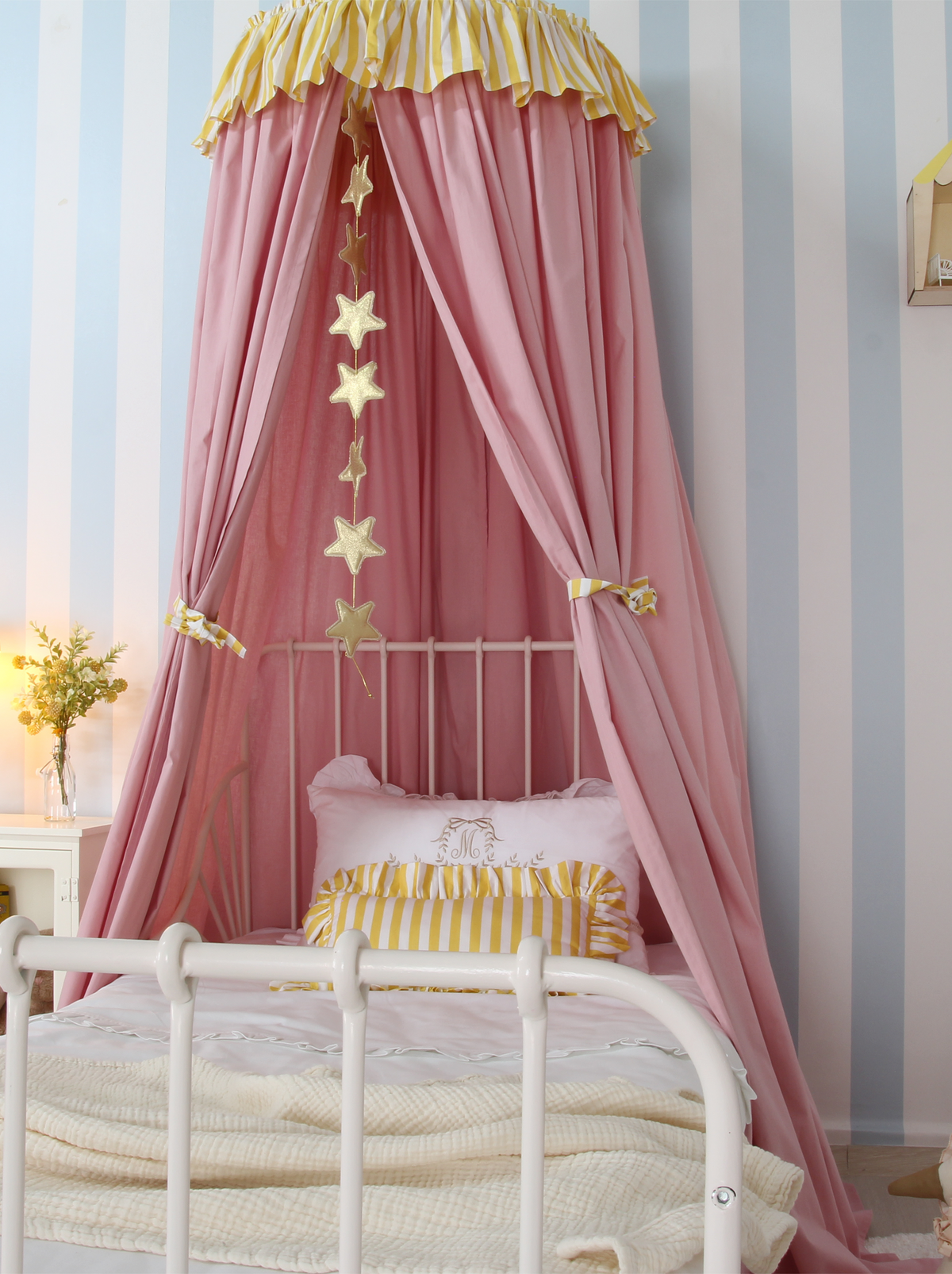 Blush Bed Canopy With Yellow Striped