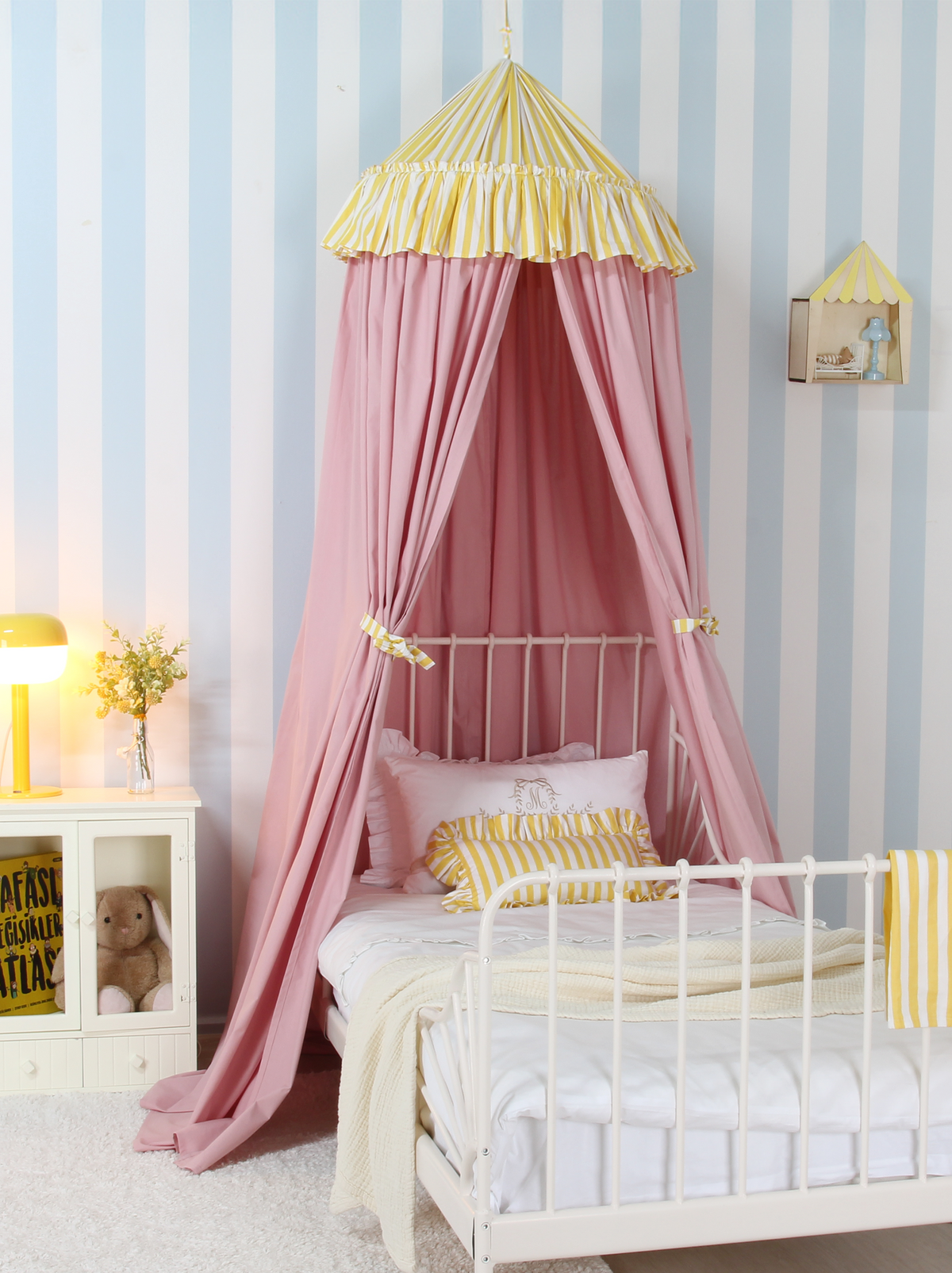 Blush Bed Canopy With Yellow Striped