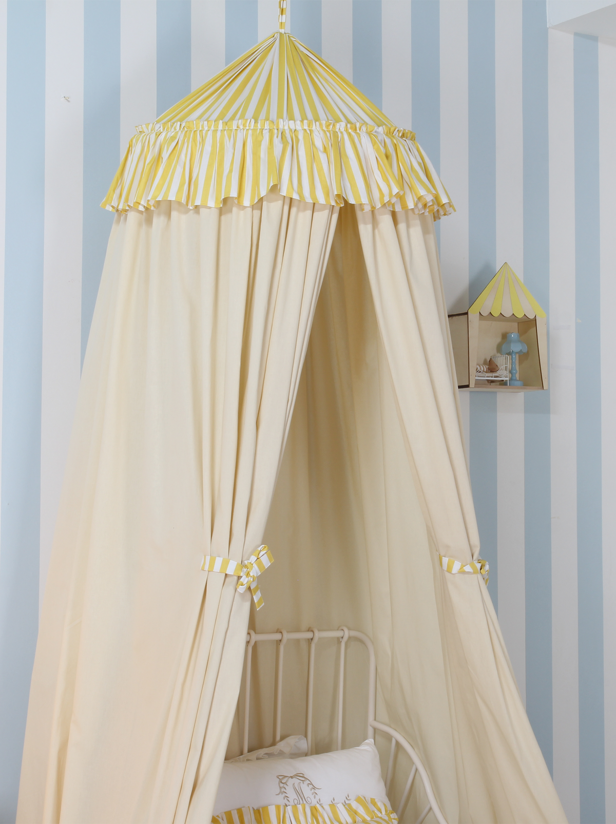 Cream Bed Canopy With Yellow Striped