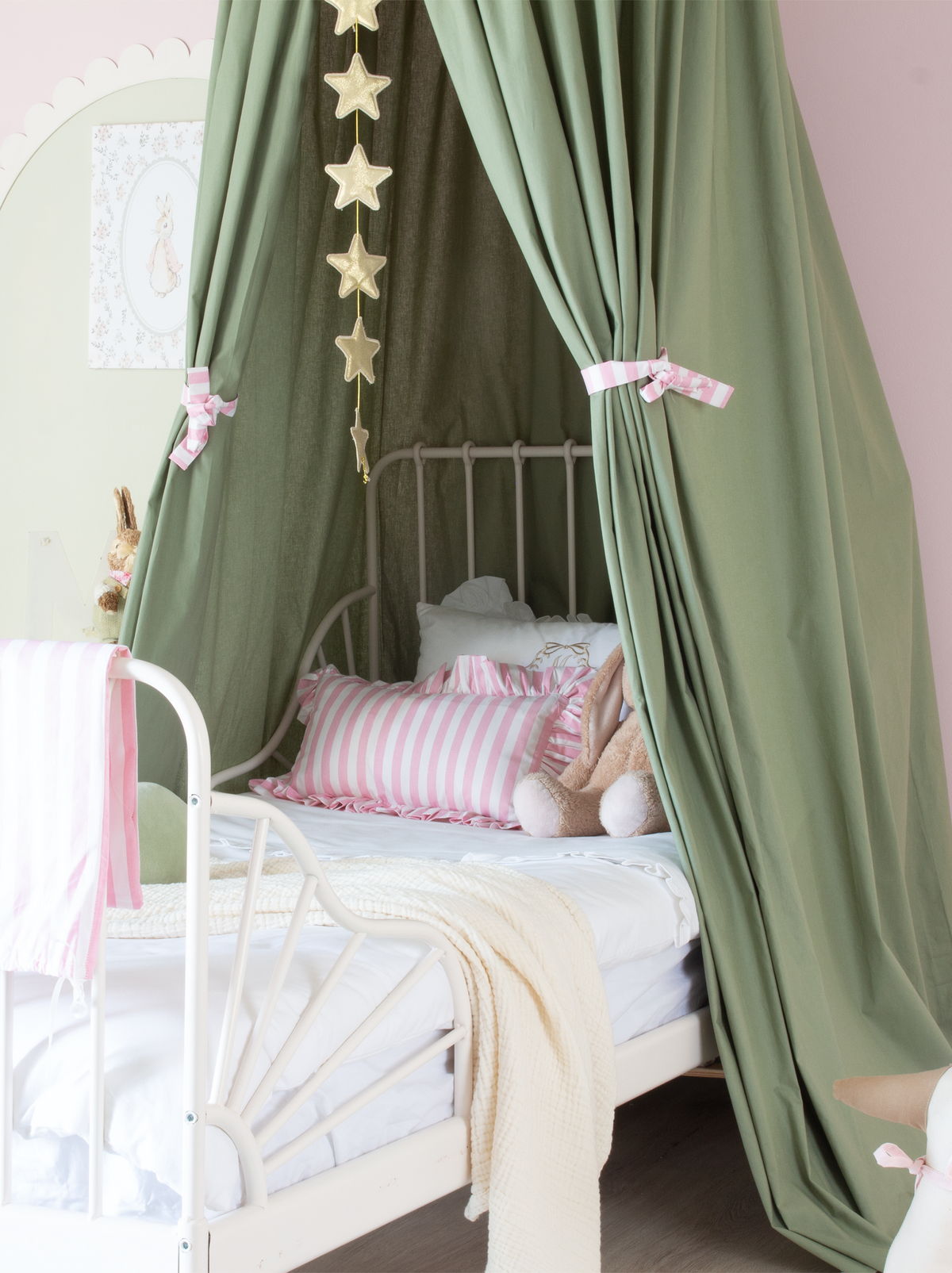 Sage Green Bed Canopy With Pink Striped