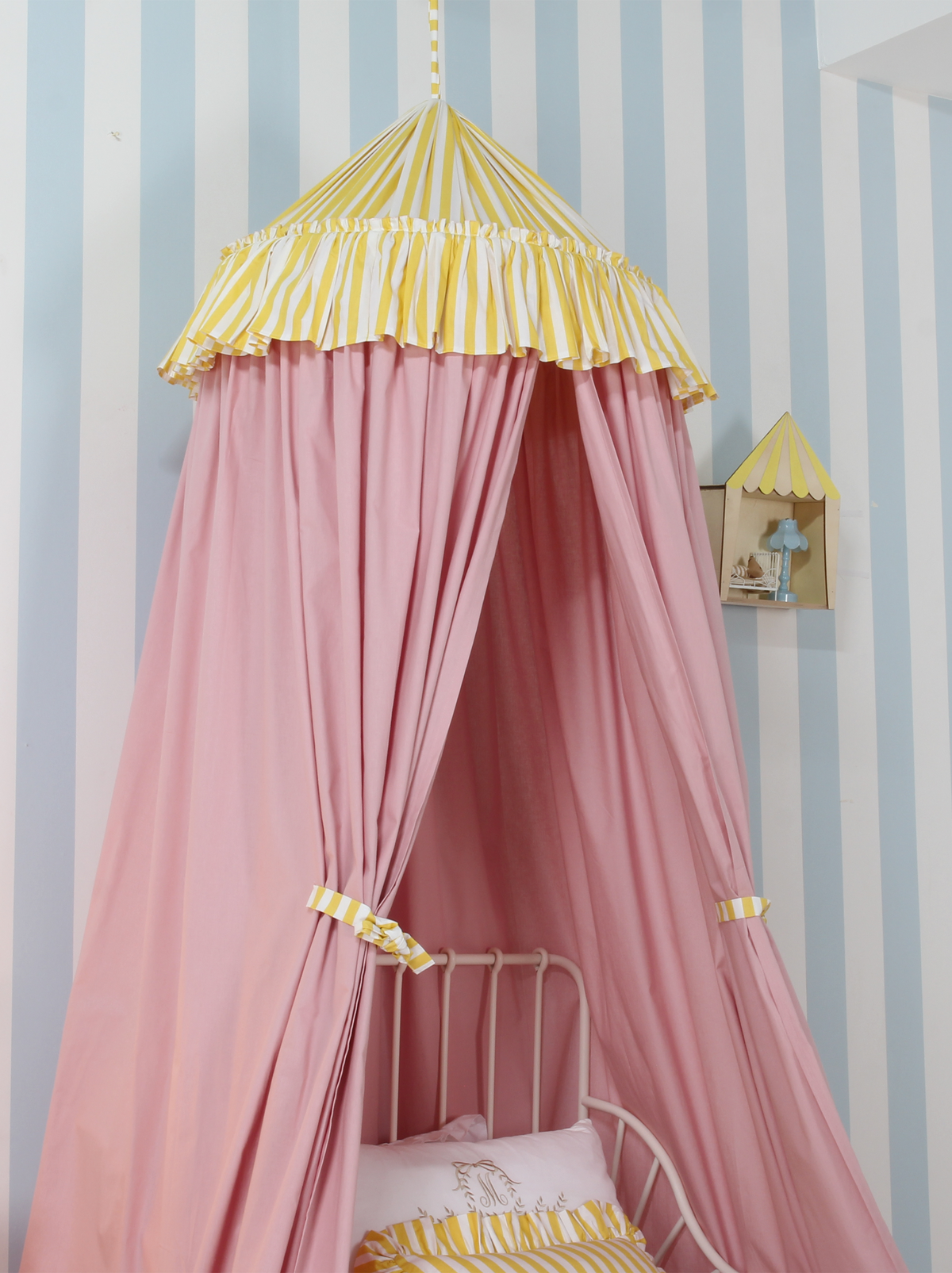 Blush Bed Canopy With Yellow Striped