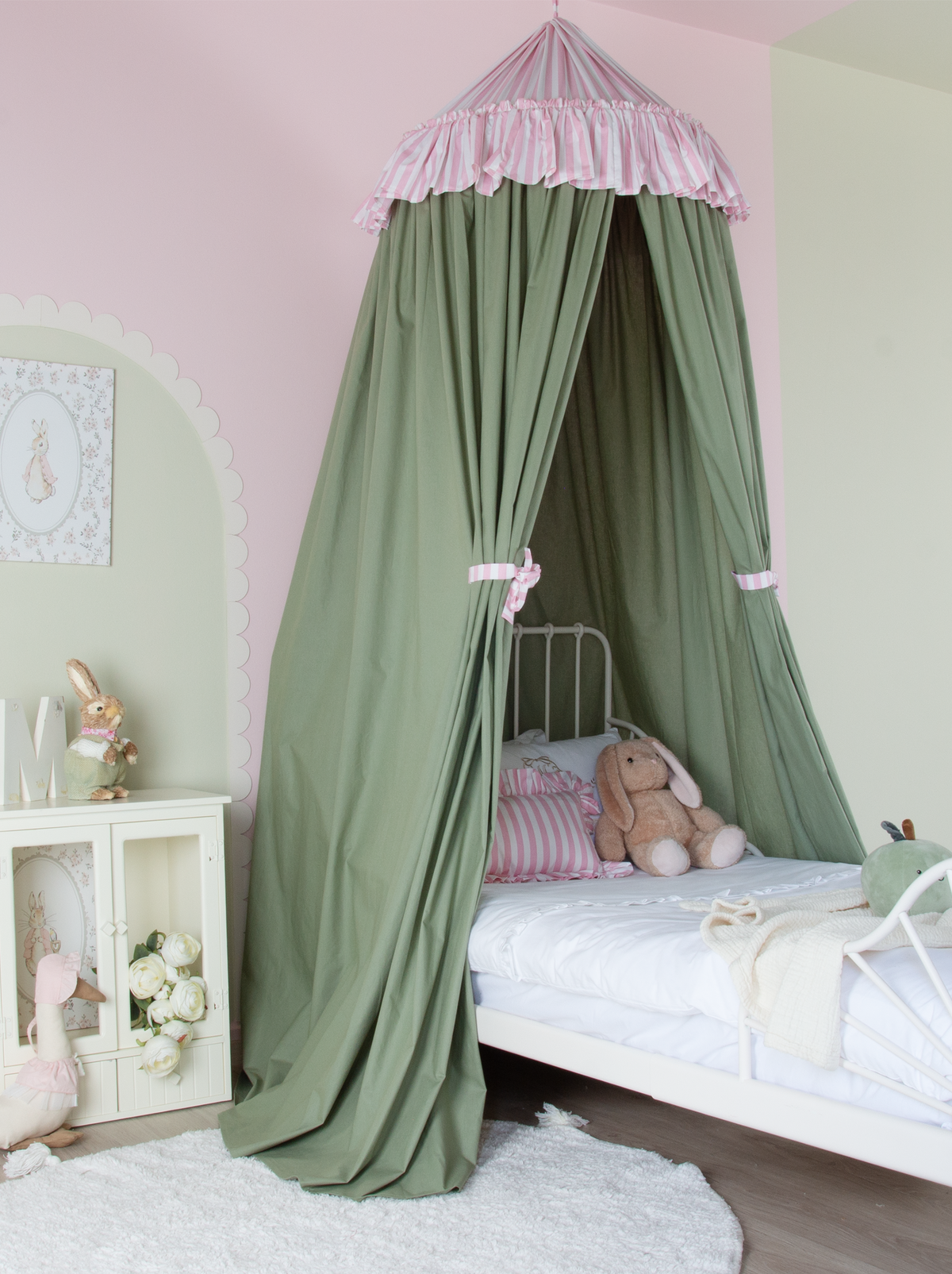 Sage Green Bed Canopy With Pink Striped