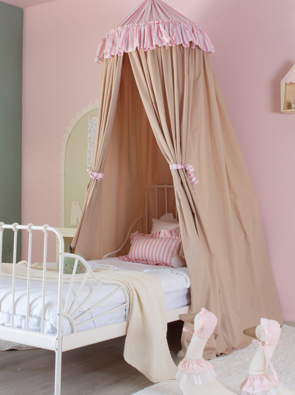 Beige Bed Canopy With Pink Striped