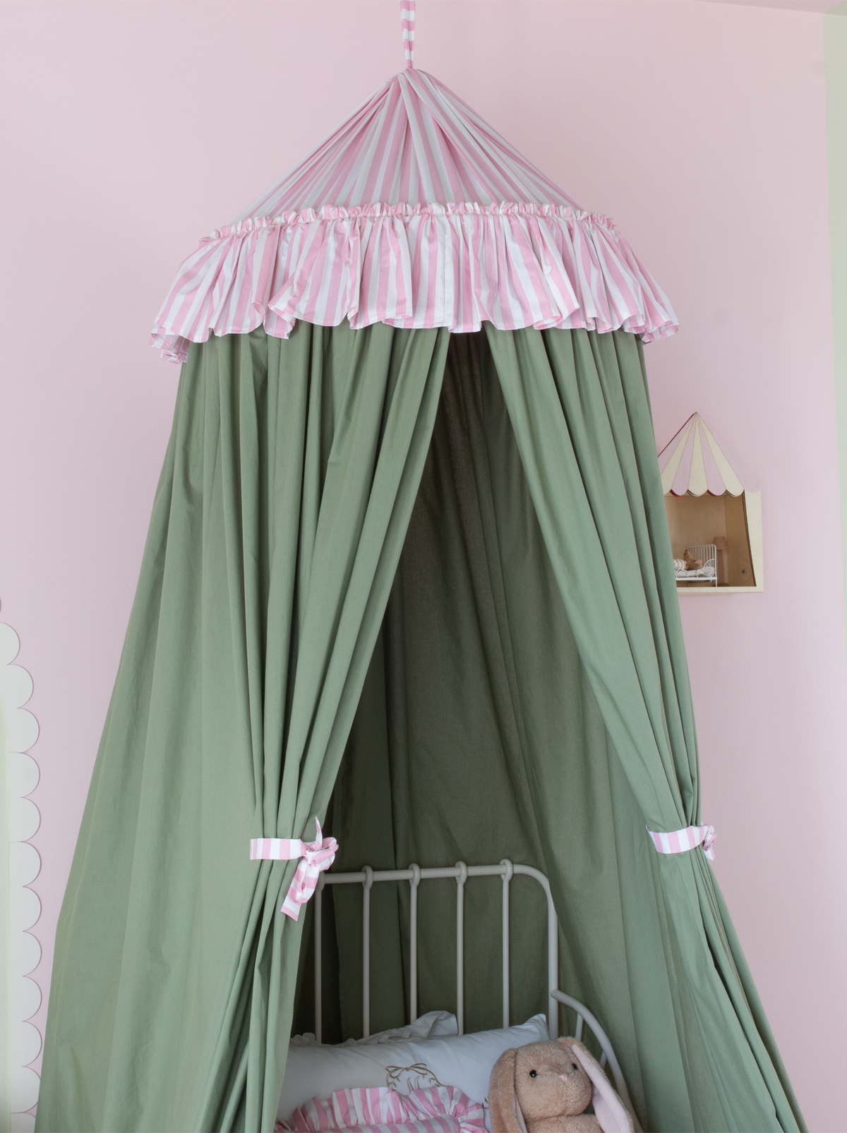 Sage Green Bed Canopy With Pink Striped