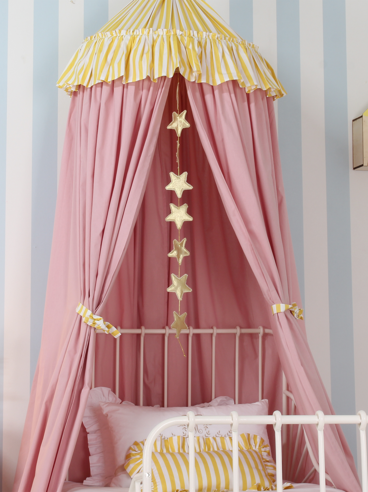 Blush Bed Canopy With Yellow Striped