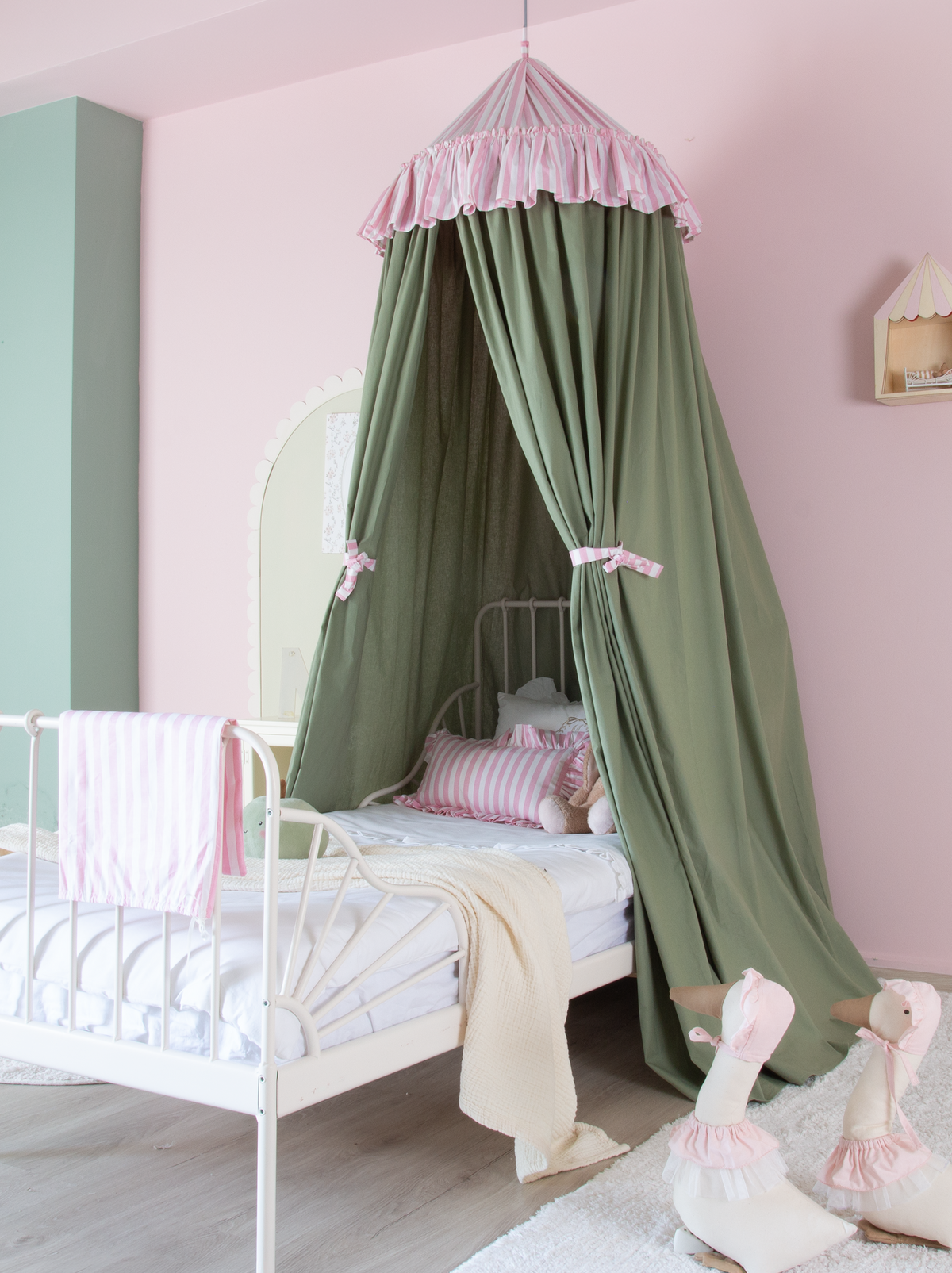 Sage Green Bed Canopy With Pink Striped