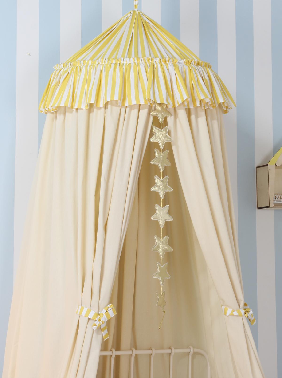 Cream Bed Canopy With Yellow Striped