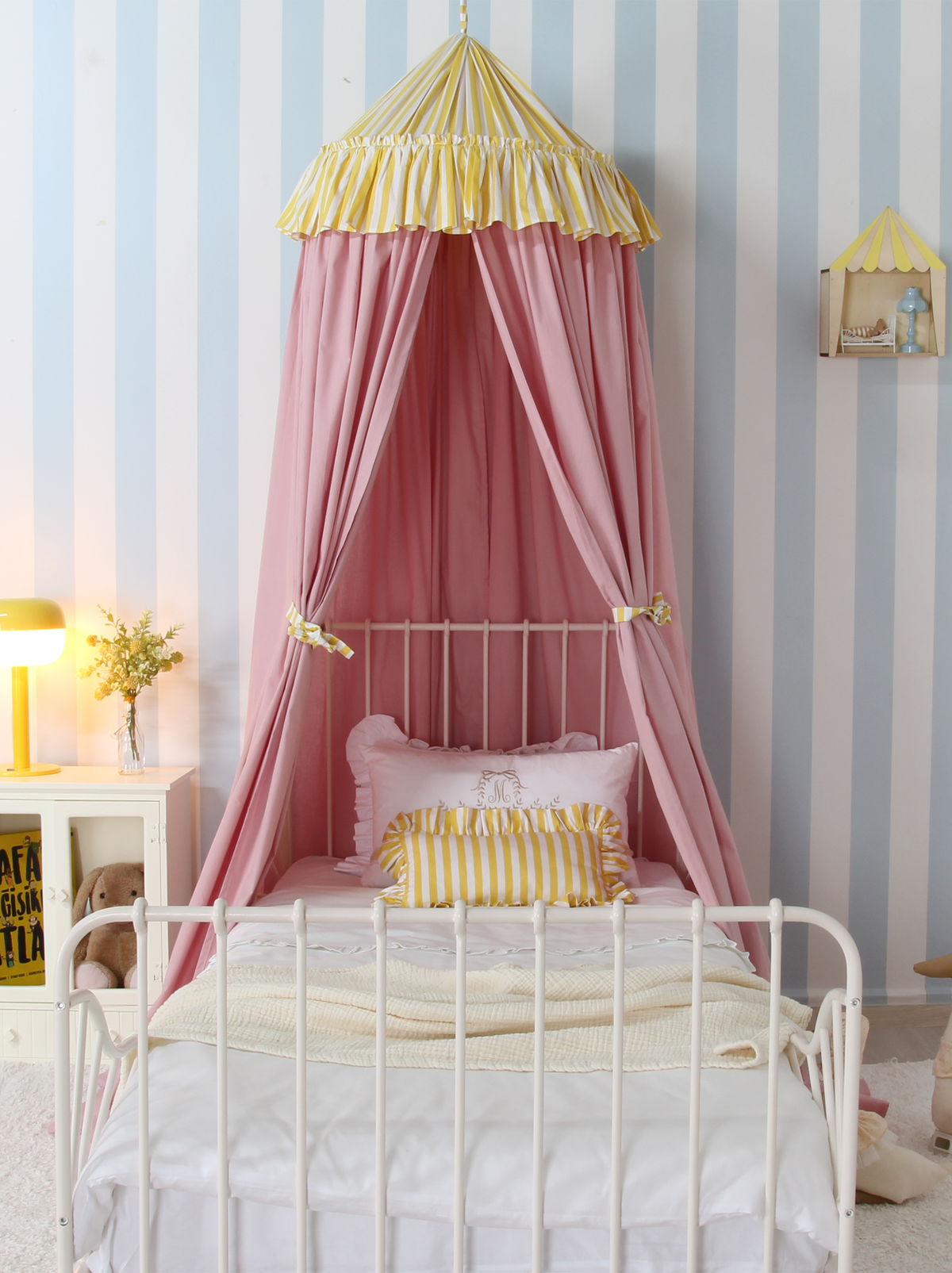 Blush Bed Canopy With Yellow Striped