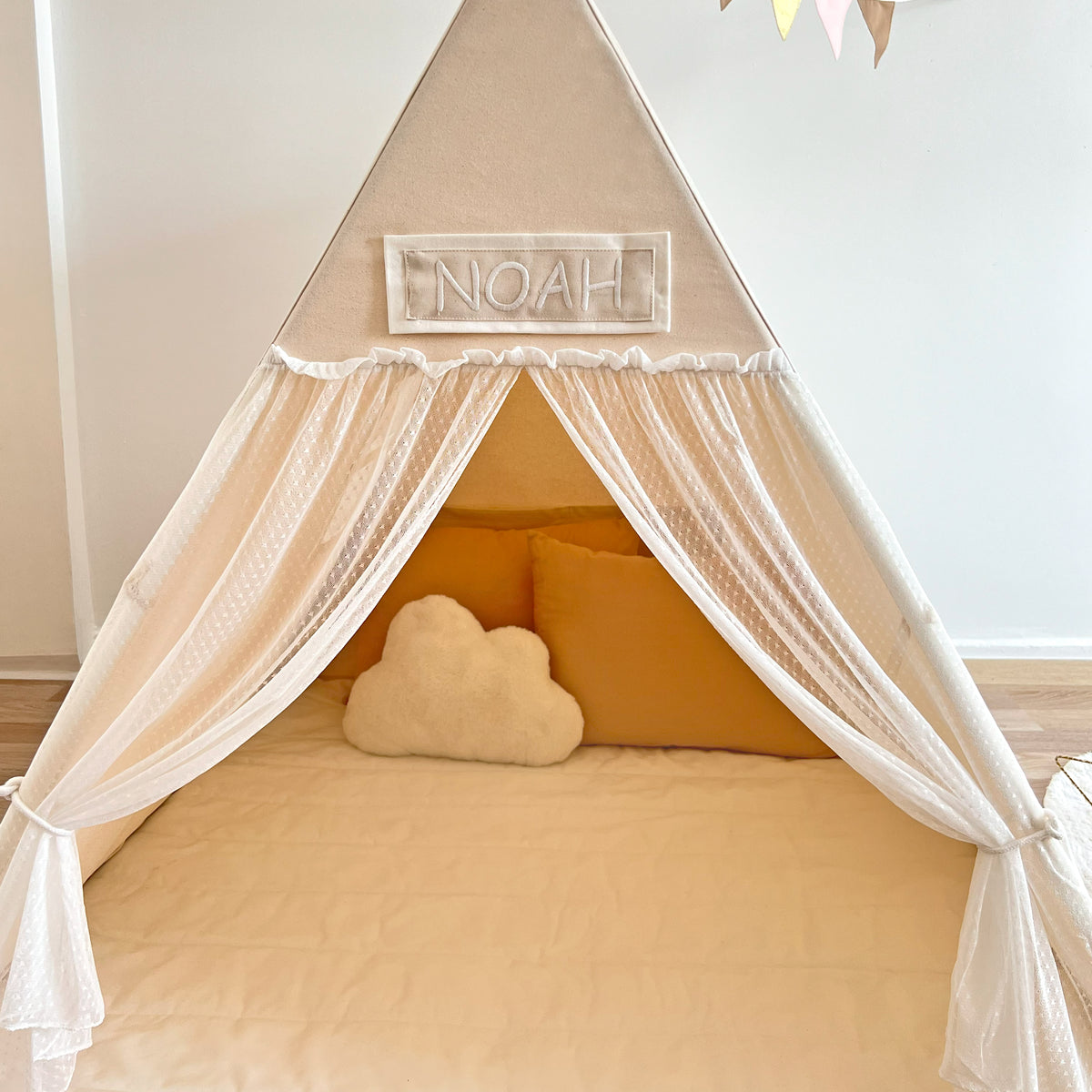 Camping Tent with Natural Tulle Curtains