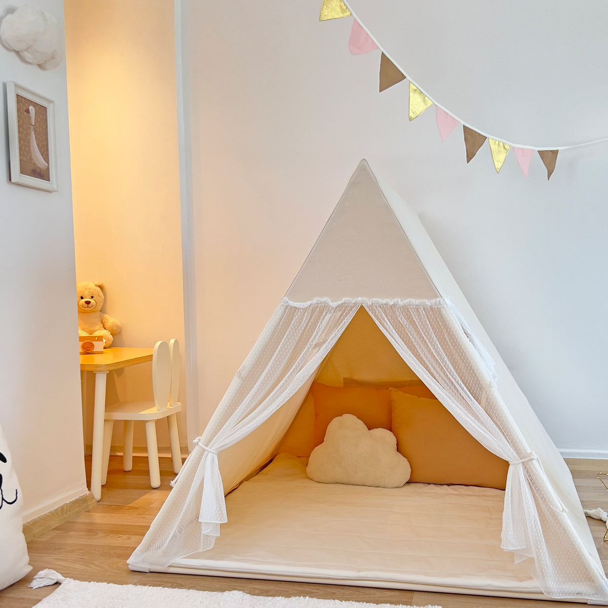 Camping Tent with Natural Tulle Curtains