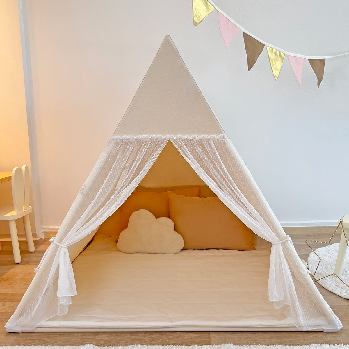 Camping Tent with Natural Tulle Curtains
