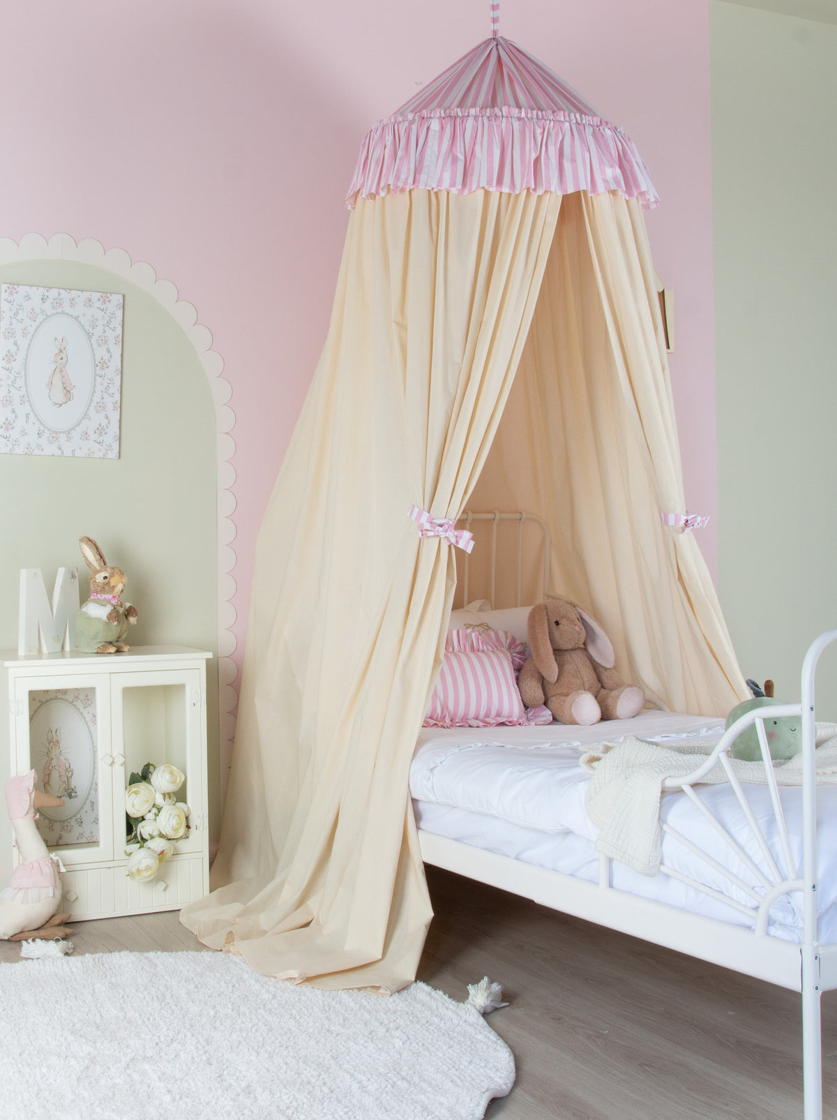 Cream Bed Canopy With Pink Striped