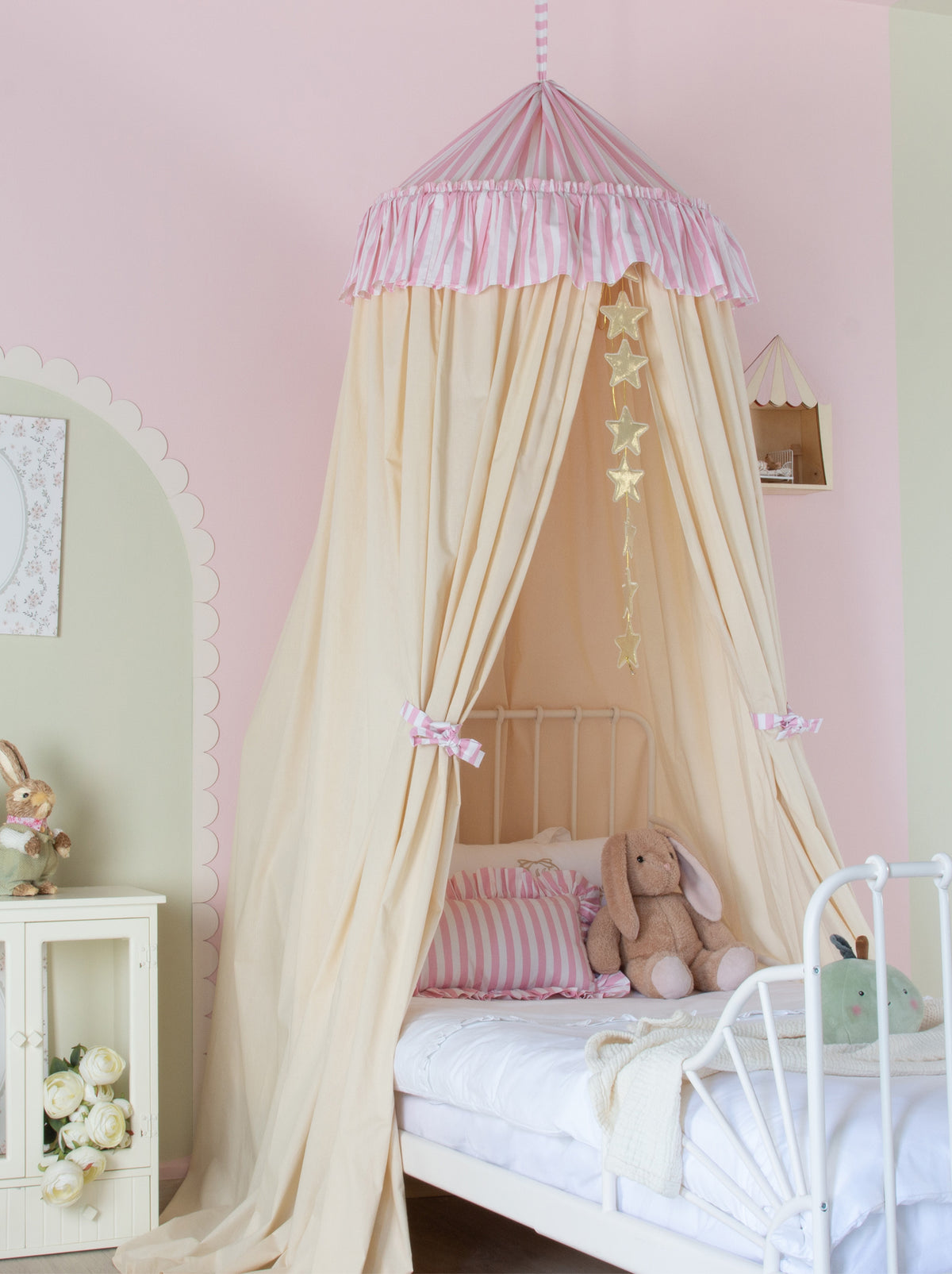 Cream Bed Canopy With Pink Striped