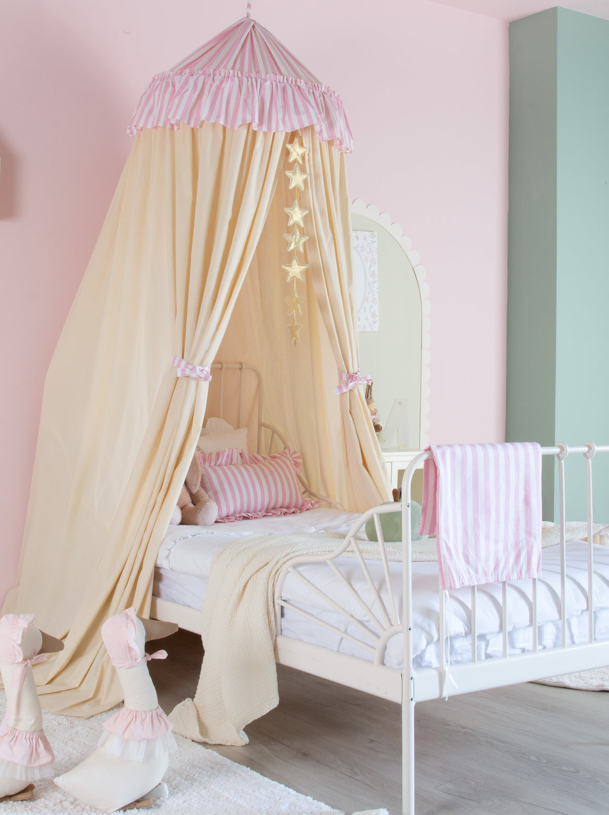 Cream Bed Canopy With Pink Striped