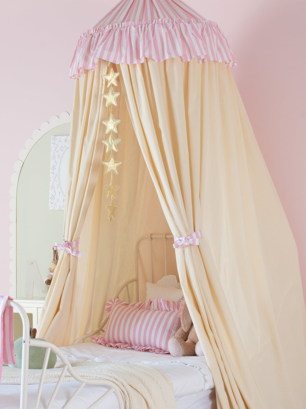 Cream Bed Canopy With Pink Striped