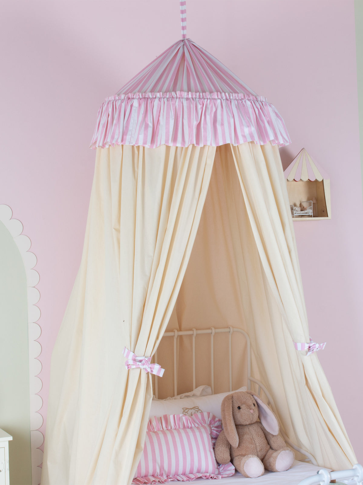 Cream Bed Canopy With Pink Striped