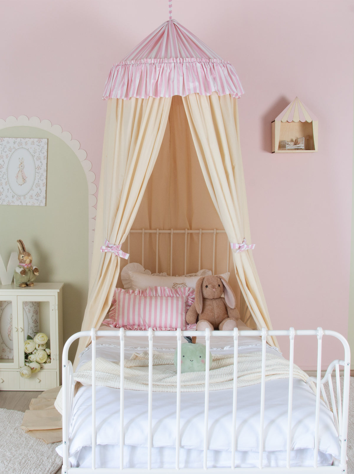 Cream Bed Canopy With Pink Striped