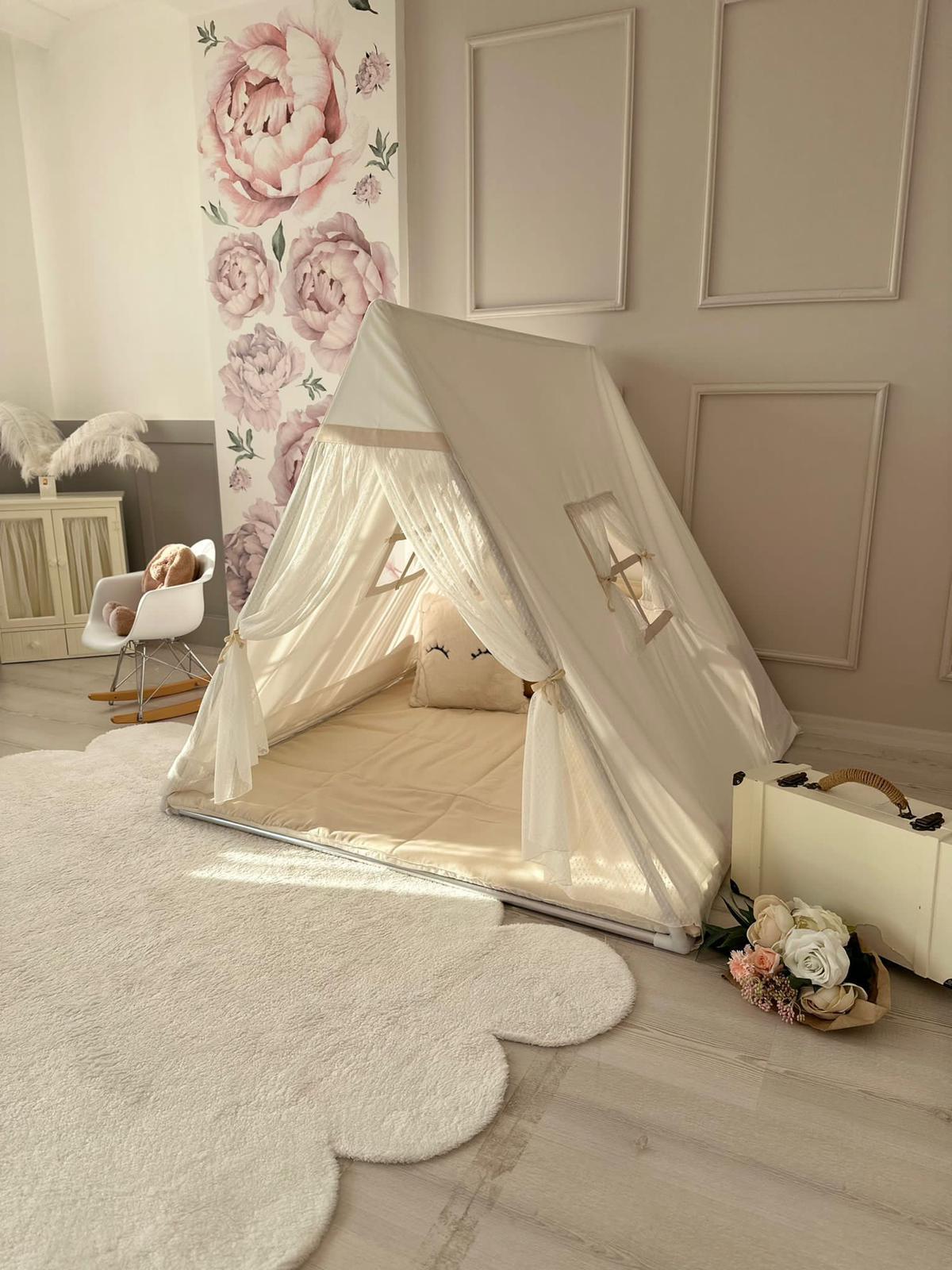 Camping Tent with White Tulle Curtains