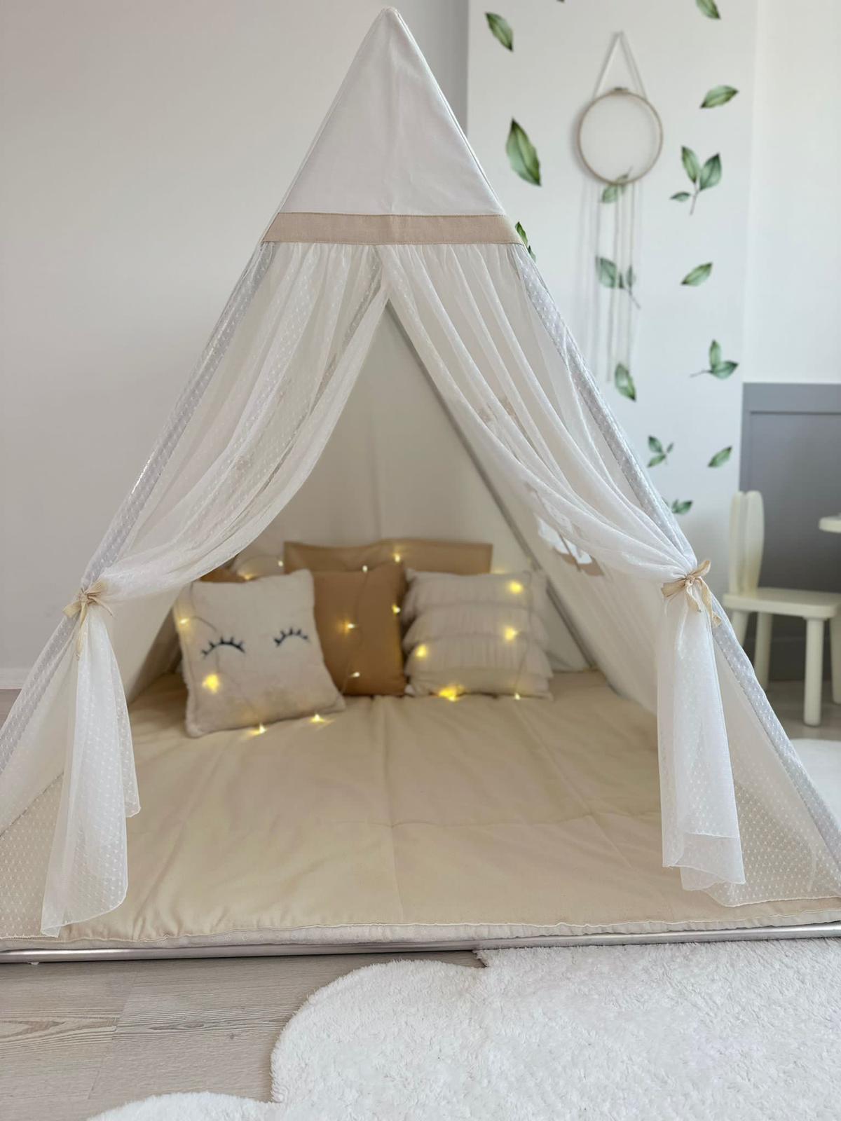 Camping Tent with White Tulle Curtains