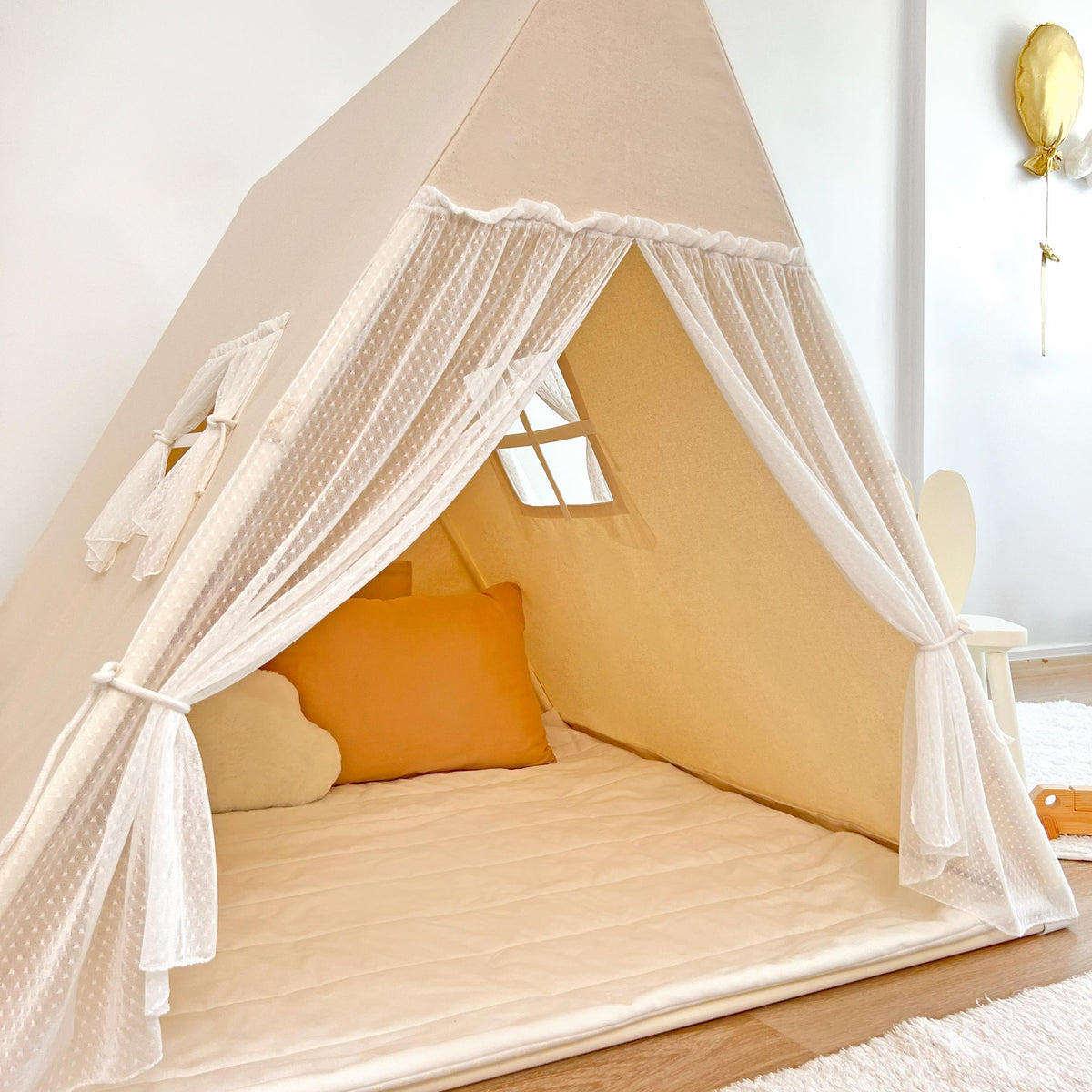 Camping Tent-Natural with Tulle Curtains