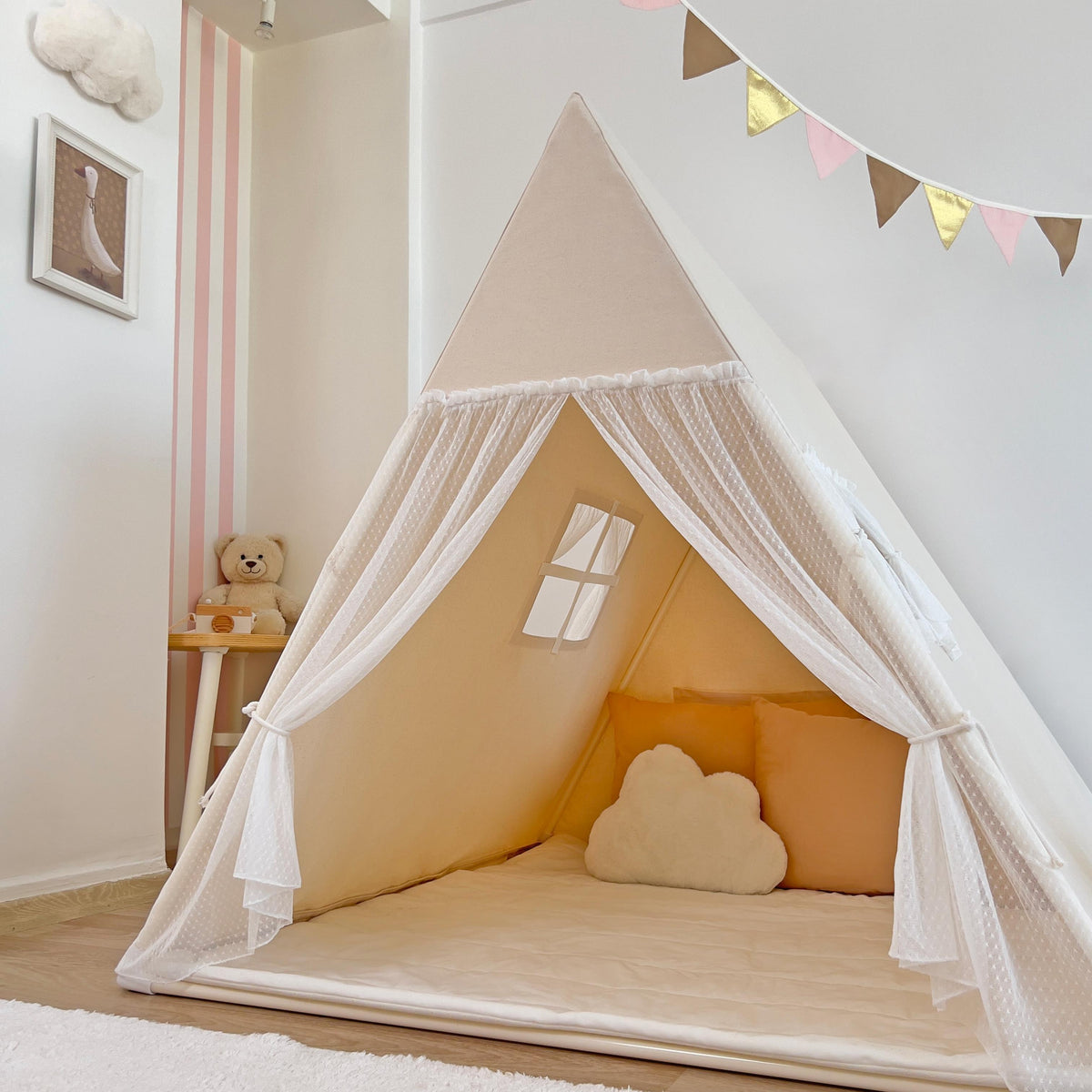 Camping Tent-Natural with Tulle Curtains