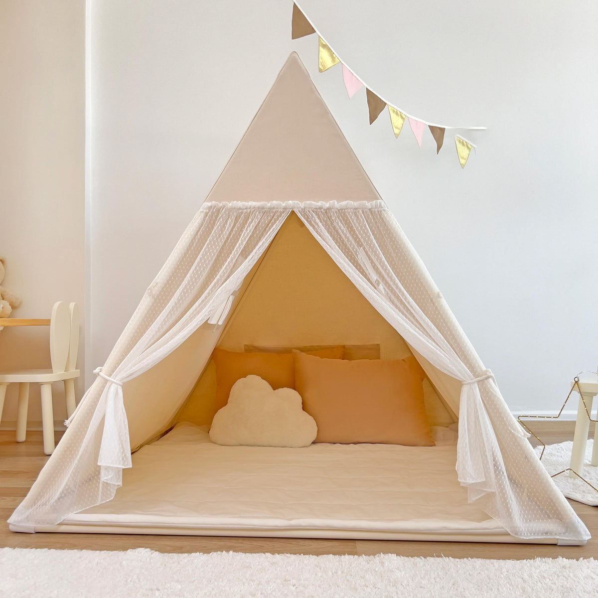 Camping Tent-Natural with Tulle Curtains