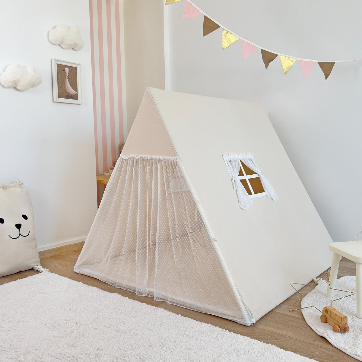 Camping Tent-Natural with Tulle Curtains